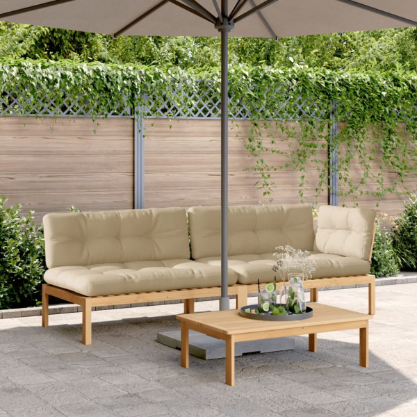 Set de sofás de palets de jardín y cojines 3 pzas madera acacia D