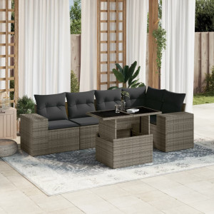 Set de muebles de jardín 6 pzas y cojines ratán sintético gris D