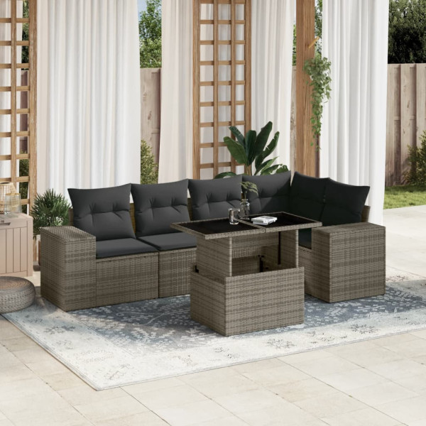 Set de muebles de jardín 6 pzas y cojines ratán sintético gris D