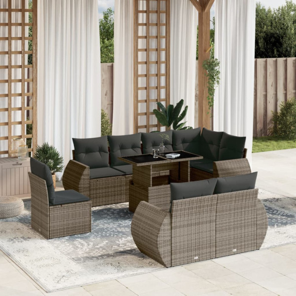 Set de muebles de jardín 9 pzas y cojines ratán sintético gris D