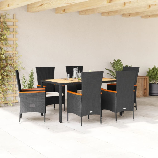 Set de comedor de jardín 7 pzas y cojines ratán sintético negro Set de comedor de jardín 7 pzas y cojines ratán sintético negro D