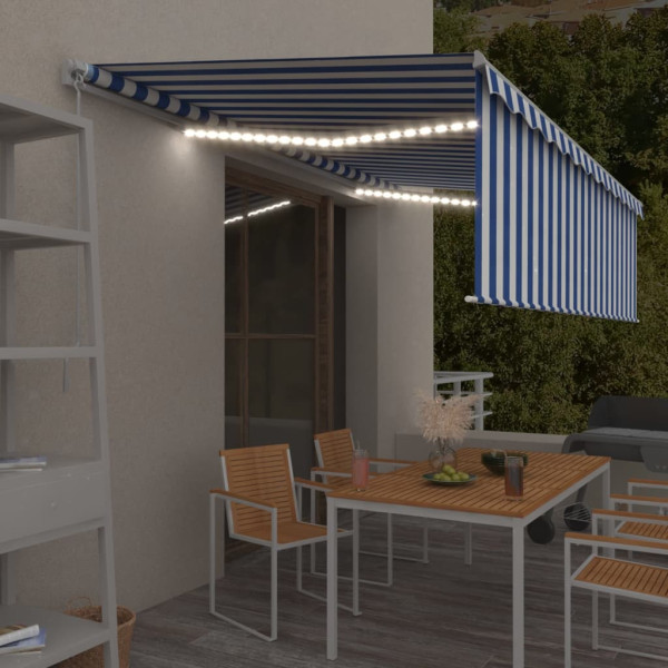 Toldo retráctil manual con persiana y LED azul y blanco 5x3 m D