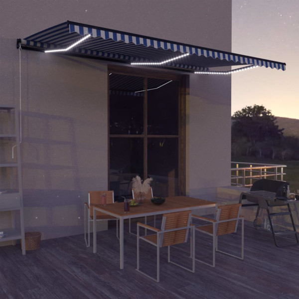 Toldo retrátil manual com luz LED azul e branca 600x300 cm D