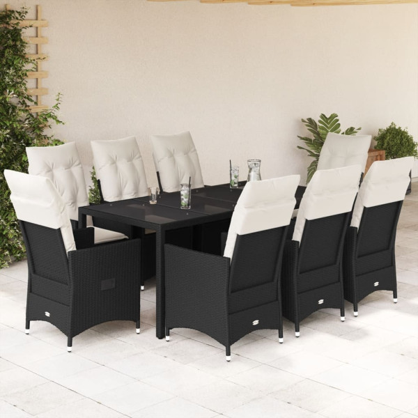 Set de comedor de jardín 9 pzas y cojines ratán sintético negro D