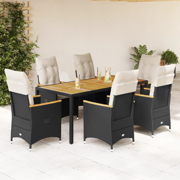 Set de comedor de jardín 7 pzas y cojines ratán sintético negro D