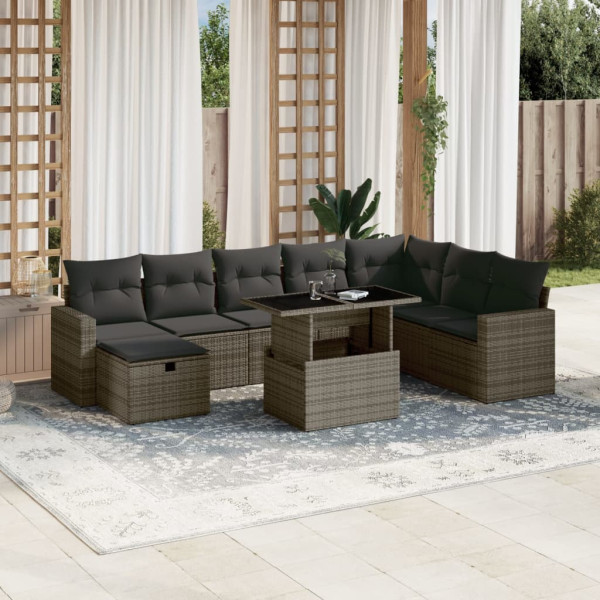 Set de muebles de jardín 9 pzas y cojines ratán sintético gris D