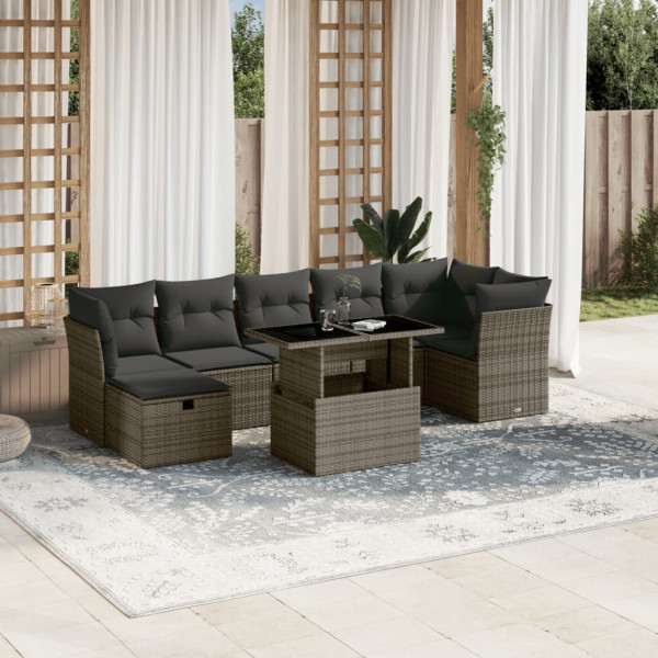 Conjunto de sofá e almofada de jardim 8 peças de rattan sintético cinza D