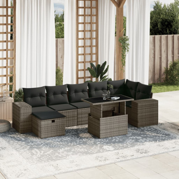 Conjunto de sofá e almofada de jardim 8 peças de rattan sintético cinza D