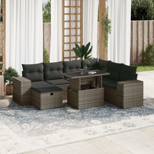 Conjunto de sofá e almofada de jardim 8 peças de rattan sintético cinza D