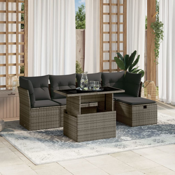 Set de muebles de jardín 6 pzas y cojines ratán sintético gris D