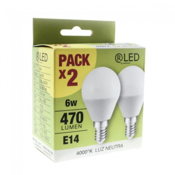 Pacote 2 x lâmpada LED E14 G45 (6W - 4000K) D
