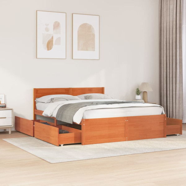 Estructura cama con cajones madera pino marrón cera 150x200 cm D