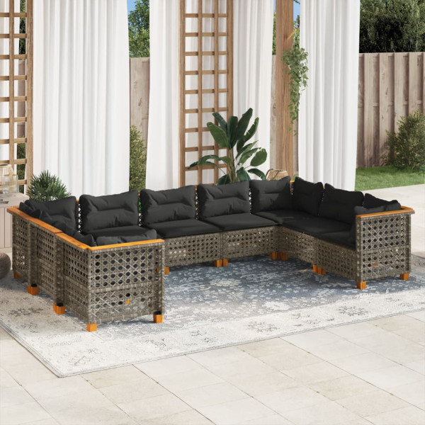 Set de muebles de jardín 9 pzas y cojines ratán sintético gris D