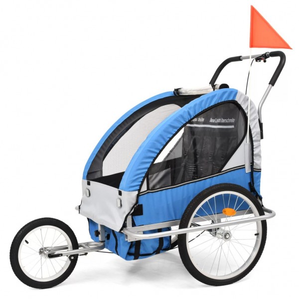 Carrinho e reboque de bicicleta crianças 2 em 1 azul e cinza D