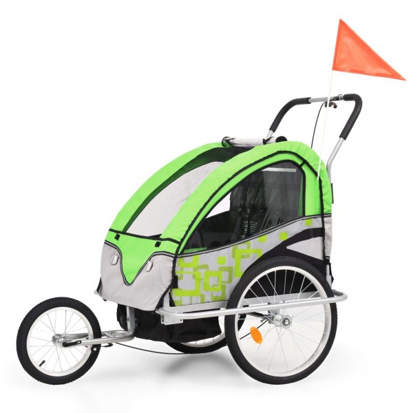 Carrinho e reboque de bicicleta para crianças 2 em 1 verde cinza D