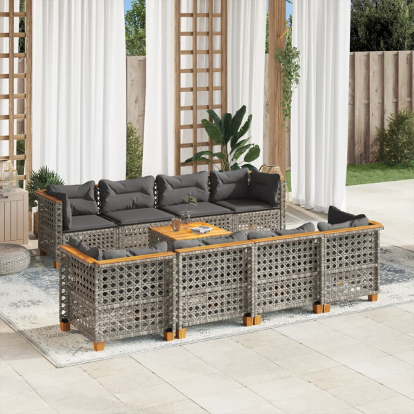 Set de muebles de jardín 9 pzas y cojines ratán sintético gris D