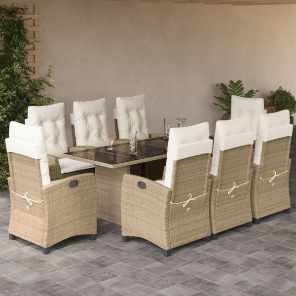 Set comedor de jardín 9 pzas con cojines ratán sintético beige D