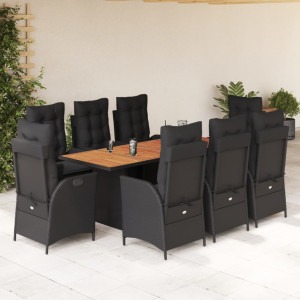 Set de comedor de jardín 9 pzas y cojines ratán sintético negro D