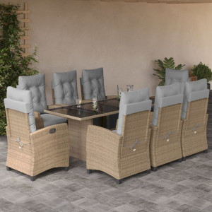 Set comedor de jardín 9 pzas con cojines ratán sintético beige D