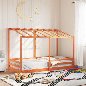 Cama infantil con techo madera maciza pino marrón 90x200 cm D