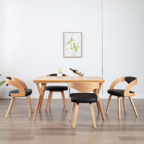 Quatro cadeiras de jantar de madeira curva de couro sintético preto D