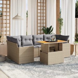 Set sofás de jardín 7 piezas y cojines ratán sintético beige D