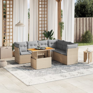 Set sofás de jardín 7 piezas y cojines ratán sintético beige D