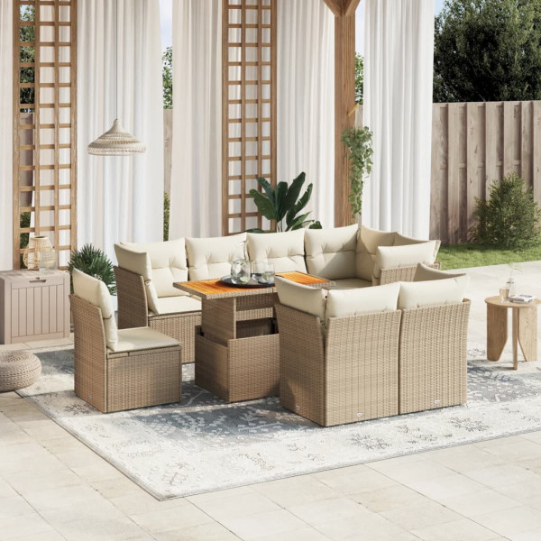 Sofá de jardim conjunto 9 pcs com almofadas de rattan sintético bege D