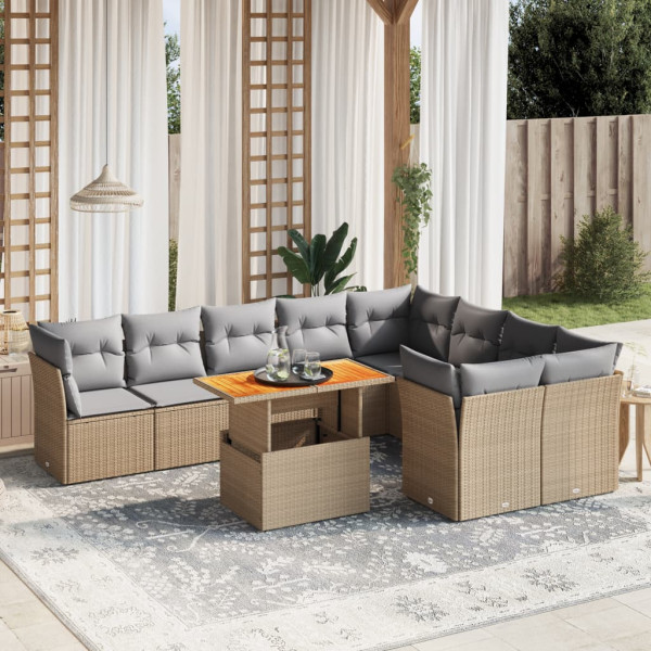 Conjunto de sofá de jardim com almofadas bege 10 peças de rattan sintético D