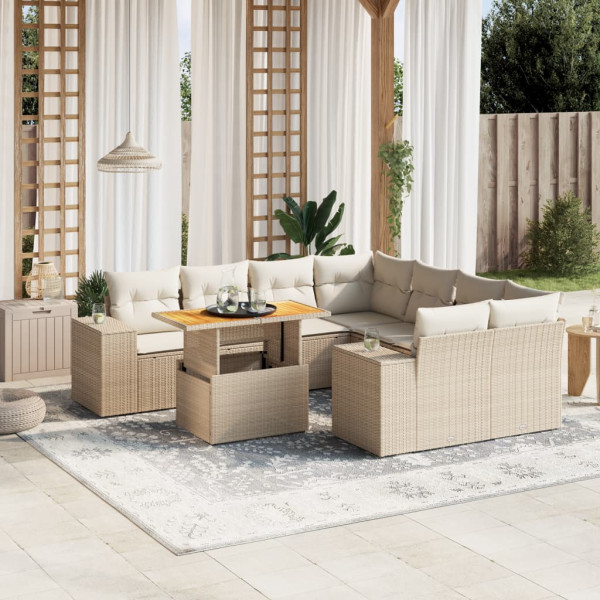 Sofá de jardim conjunto 9 pcs com almofadas de rattan sintético bege D