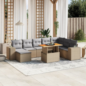 Set de sofás de jardín 9 pzas con cojines ratán sintético beige D