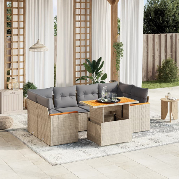 Set sofás de jardín 7 piezas y cojines ratán sintético beige D