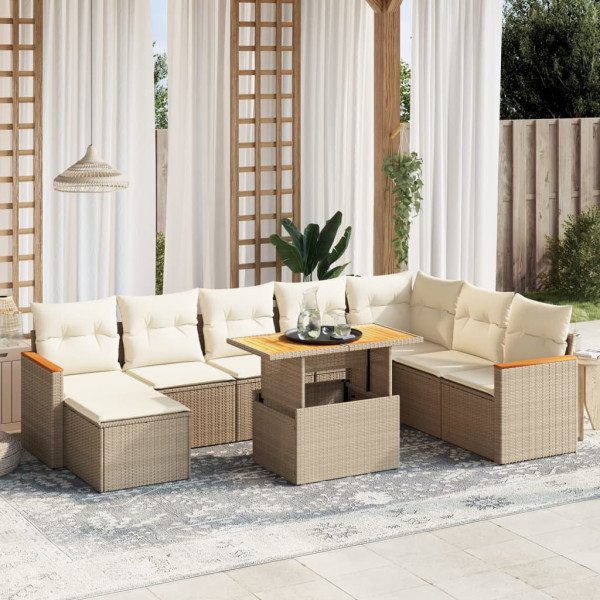 Sofá de jardim conjunto 9 pcs com almofadas de rattan sintético bege D