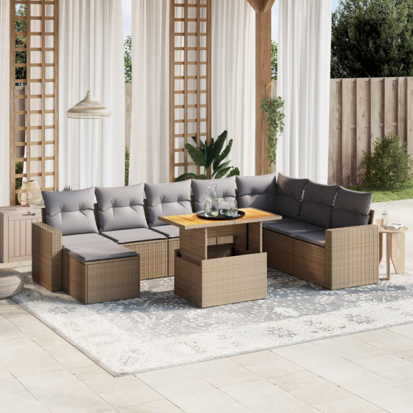 Sofá de jardim conjunto 9 pcs com almofadas de rattan sintético bege D