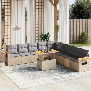 Set de sofás de jardín 11pzas con cojines ratán sintético beige D