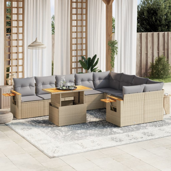 Conjunto de sofá de jardim com almofadas bege 10 peças de rattan sintético D