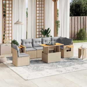 Set sofás de jardín 7 piezas y cojines ratán sintético beige D