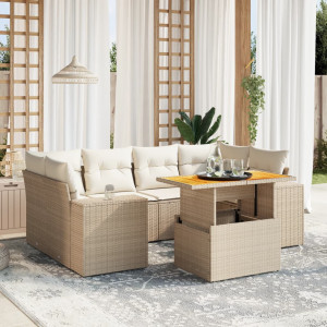 Set sofás de jardín 7 piezas y cojines ratán sintético beige D