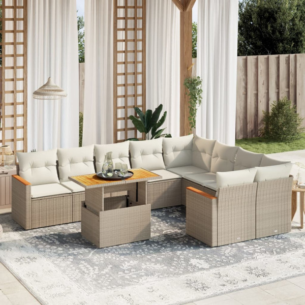 Conjunto de sofá de jardim com almofadas bege 10 peças de rattan sintético D