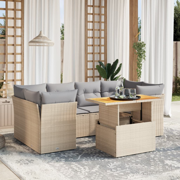 Set sofás de jardín 7 piezas y cojines ratán sintético beige D