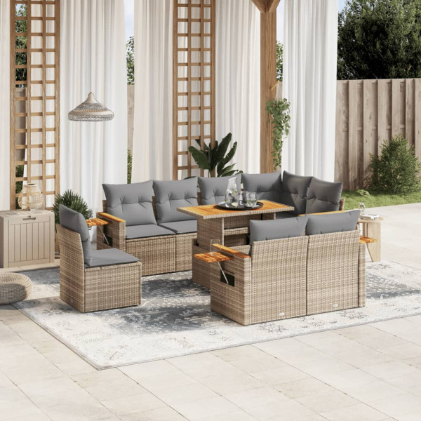 Set de sofás de jardín 9 pzas con cojines ratán sintético beige D