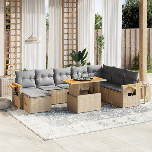 Set de sofás de jardín 9 pzas con cojines ratán sintético beige D