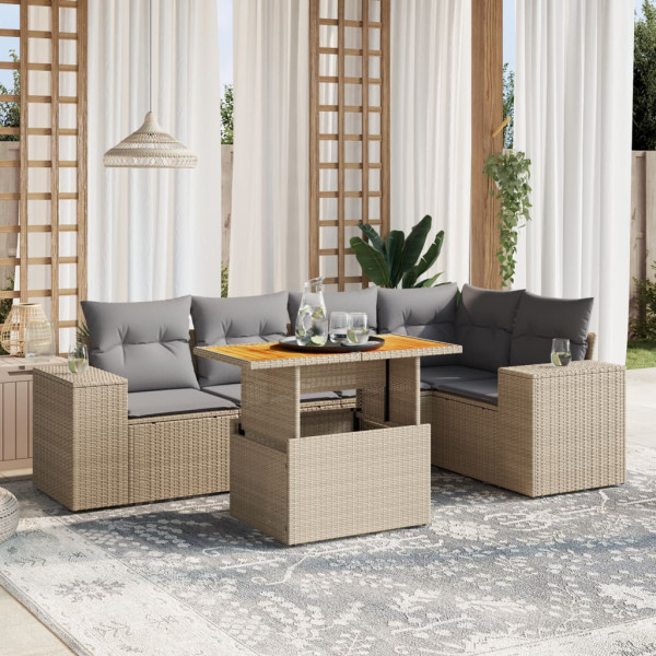 Sofá de jardim com almofadas 6 pcs bege sintético rattan D