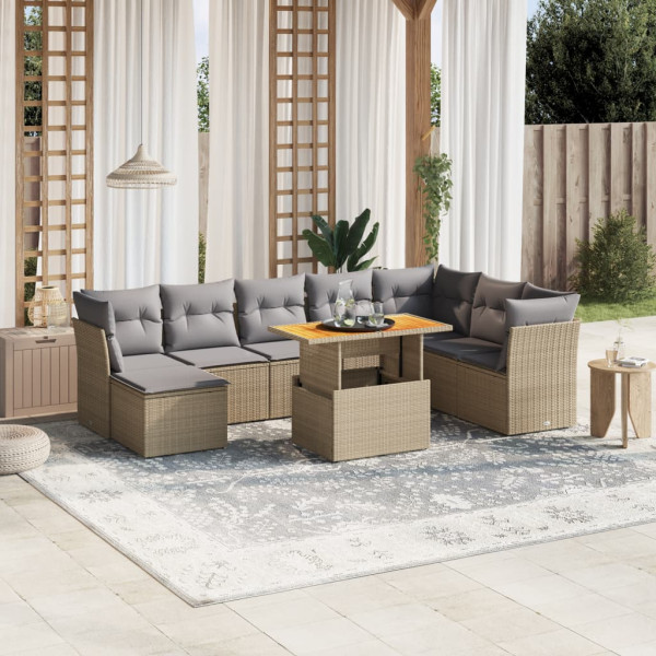 Set de sofás de jardín 9 pzas con cojines ratán sintético beige D