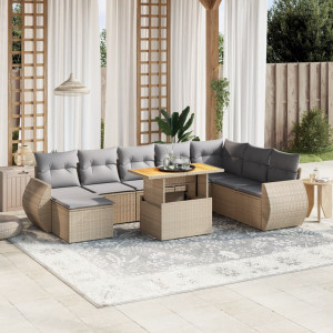 Set de sofás de jardín 9 pzas con cojines ratán sintético beige D