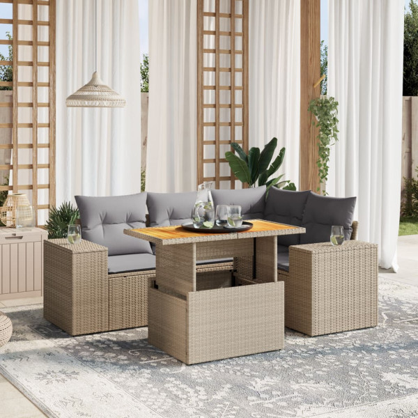 Sofá de jardim com almofadas 5 pcs bege sintético rattan D