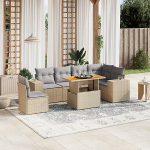 Set sofás de jardín 7 piezas y cojines ratán sintético beige D