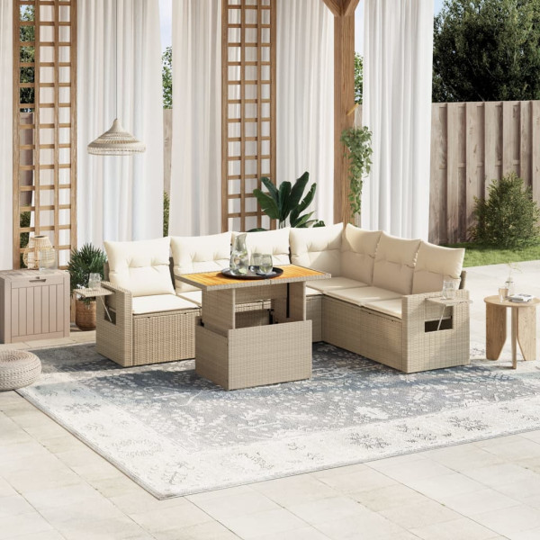 Set sofás de jardín 7 piezas y cojines ratán sintético beige D