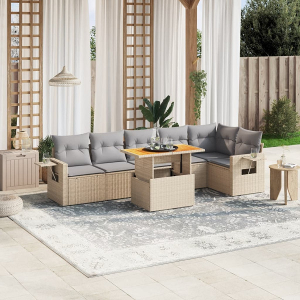 Set sofás de jardín 7 piezas y cojines ratán sintético beige D