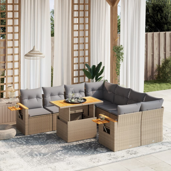 Sofá de jardim conjunto 9 pcs com almofadas de rattan sintético bege D